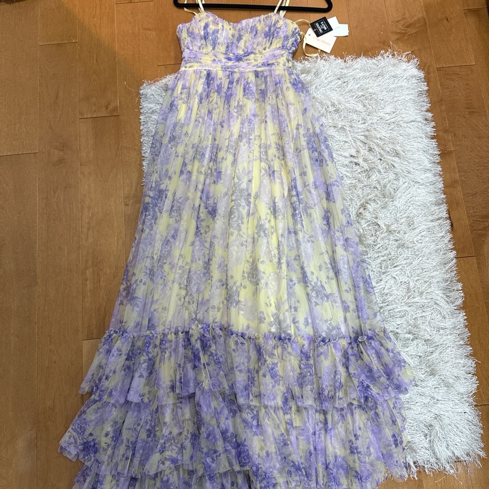 Macy's Elegant Purple and Yellow Floral Maxi Dress